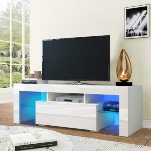 Aukfa TV Stand with LED Lights and Cabinets for TVs up to 55" - White