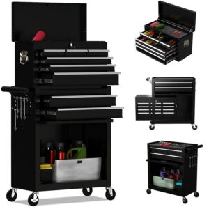 Aukfa Tool Box, 2 in 1 Steel Rolling Tool Chest & Cabinet On Wheels for Garage, 8-Drawer, Black