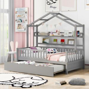 Aukfa Trundle Bed with Roof and Shelves, Wooden Twin House Bed with Trundle - Gray