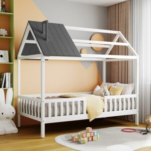 Aukfa Twin House Bed with Fence and Roof, Wood Montessori Bed for Kids, Teens - White/Gray