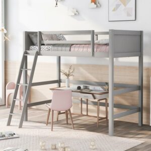 Aukfa Twin Loft Bed, Wood Bed Frame for Dorm Teens College, Modern - Gray