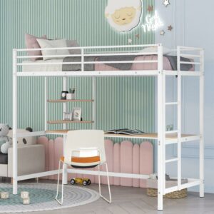 Aukfa Twin Loft Bed with Desk and Shelves for Kids Teens, Heavy Duty Metal Bed Frame, White