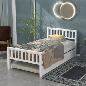 Aukfa Twin Platform Bed with Trundle for Kids - Wood Bed Frame - White