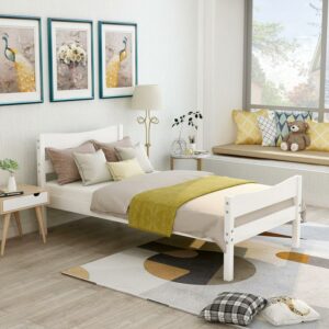 Aukfa Twin Platform Bed, Wood Bed Frame with Headboard, White