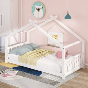 Aukfa Twin Size Wood House Beds Frame - Floor Bed Twin Platform Bed for Kids Teens Bedroom - White