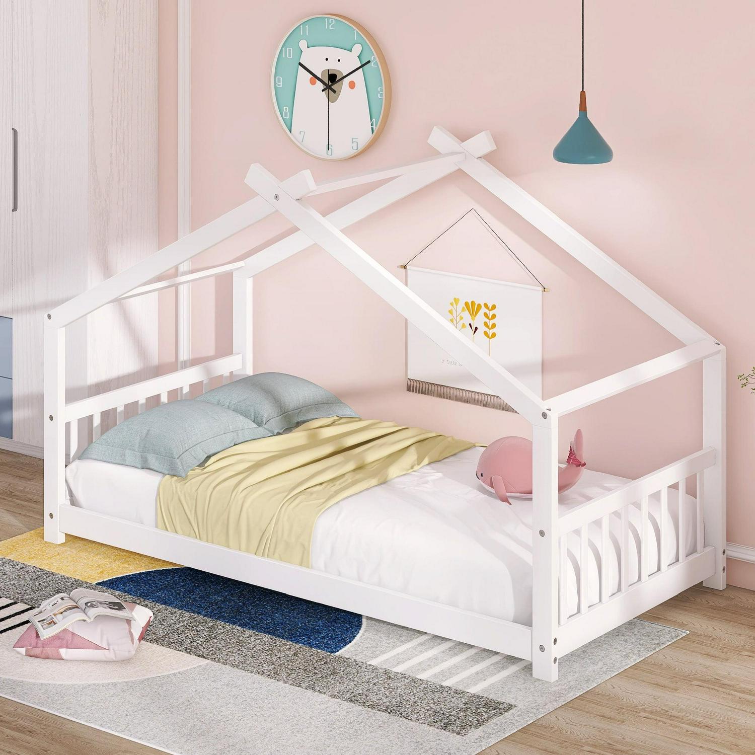 Aukfa Twin Size Wood House Beds Frame - Floor Bed Twin Platform Bed for Kids Teens Bedroom - White