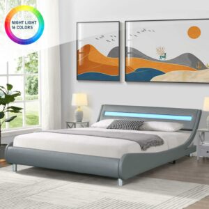 Aukfa Upholstered LED Bed Frame, Faux Leather Queen Platform Bed with 16 LED Light Headboard - Gray