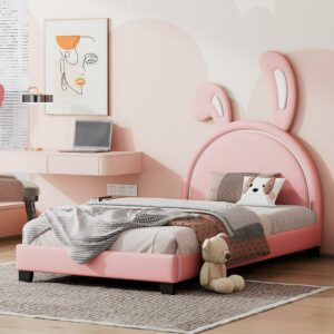 Aukfa Upholstered Platform Bed with Bunny Ears Headboard for Kids, Faux Leather Twin Bed Frame - Pink