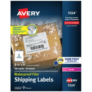 Avery Weatherproof Laser Shipping Labels, 3-1/3" x 4", White, 300-Pack and Quality Park Tyvek Expansion First Class Envelopes Bundle