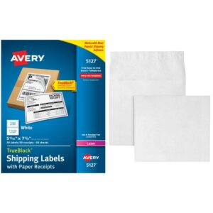 Avery White Shipping Labels with Paper Receipts with TrueBlock Technology for Laser Printers, 5-1/16" x 7-5/8", Pack of 100 and Quality Park Tyvek Plain Side Expansion Envelopes Bundle