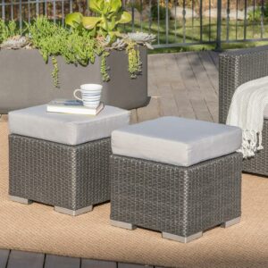 Avianna Outdoor 16 Inch Wicker Ottoman Seat with Cushion, Set of 2, Grey, Silver