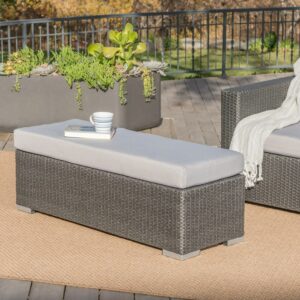 Avianna Outdoor Wicker Bench with Cushion, Grey, Silver