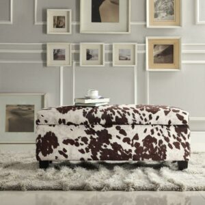 Weston Home Roman Cow Hide Fabric Storage Bench with Foam-Padded Lid, Brown Cow