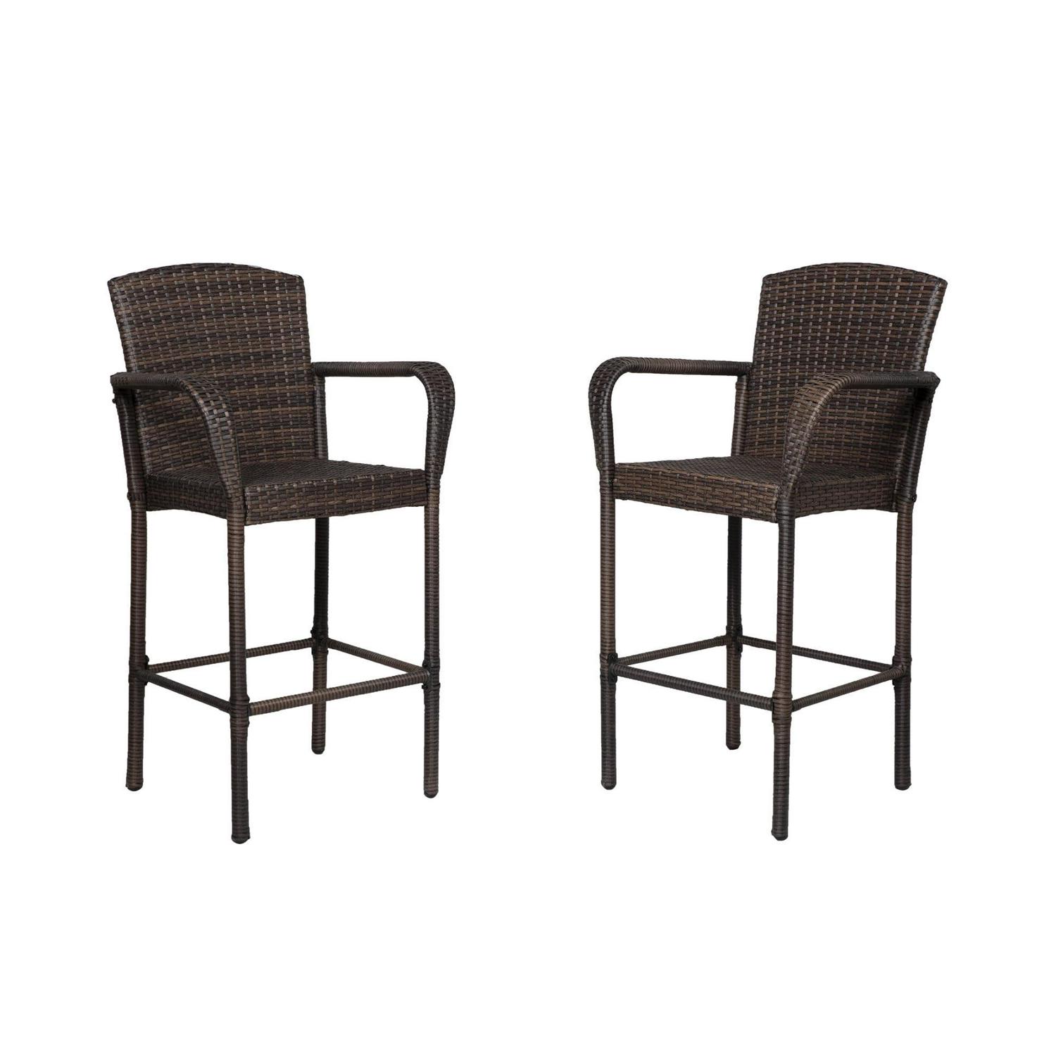 BELLA Outdoor Rattan Wicker Patio Bar Stool (Set of 2), Coffee