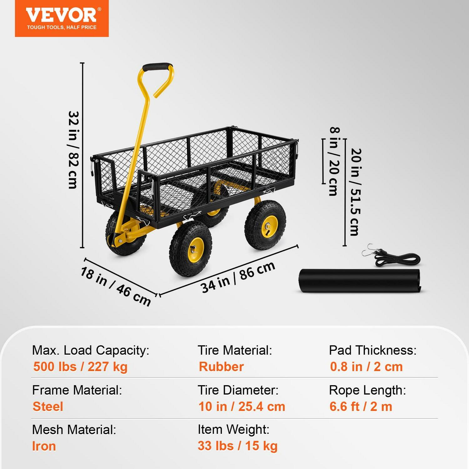 VEVOR Steel Garden Cart, Heavy Duty 500 lbs Capacity, with Removable Mesh Sides to Convert into Flatbed, Utility Metal Wagon with 180° Rotating Handle and 10 in Tires, Perfect for Garden - Image 2