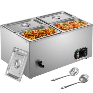 BENTISM 110V Commercial Food Warmer 4x1/4GN, 4-Pan Stainless Steel Bain Marie 24 Qt Capacity,1500W Steam Table 15cm/6inch Deep,Temp. Control 86-185℃, Electric Soup Warmer with Lids & 2 Ladles