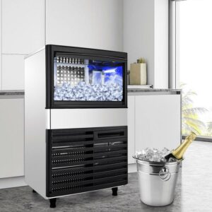 BENTISM 110V Commercial Ice Maker 132lbs/24H with 44 lbs Bin, Clear Cube, LED Panel, Stainless Steel, Auto Clean, Include Water Filter, Scoop, Connection Hose, Professional Refrigeration Equipment
