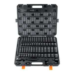 VEVOR 1/2" Drive Impact Socket Set, 65 PCS Standard SAE (3/8" to 1-1/4") & Metric (10-24 mm) Sizes, 6 Point Cr-V Alloy Steel Includes Adapters & Ratchet Handle & Storage Case