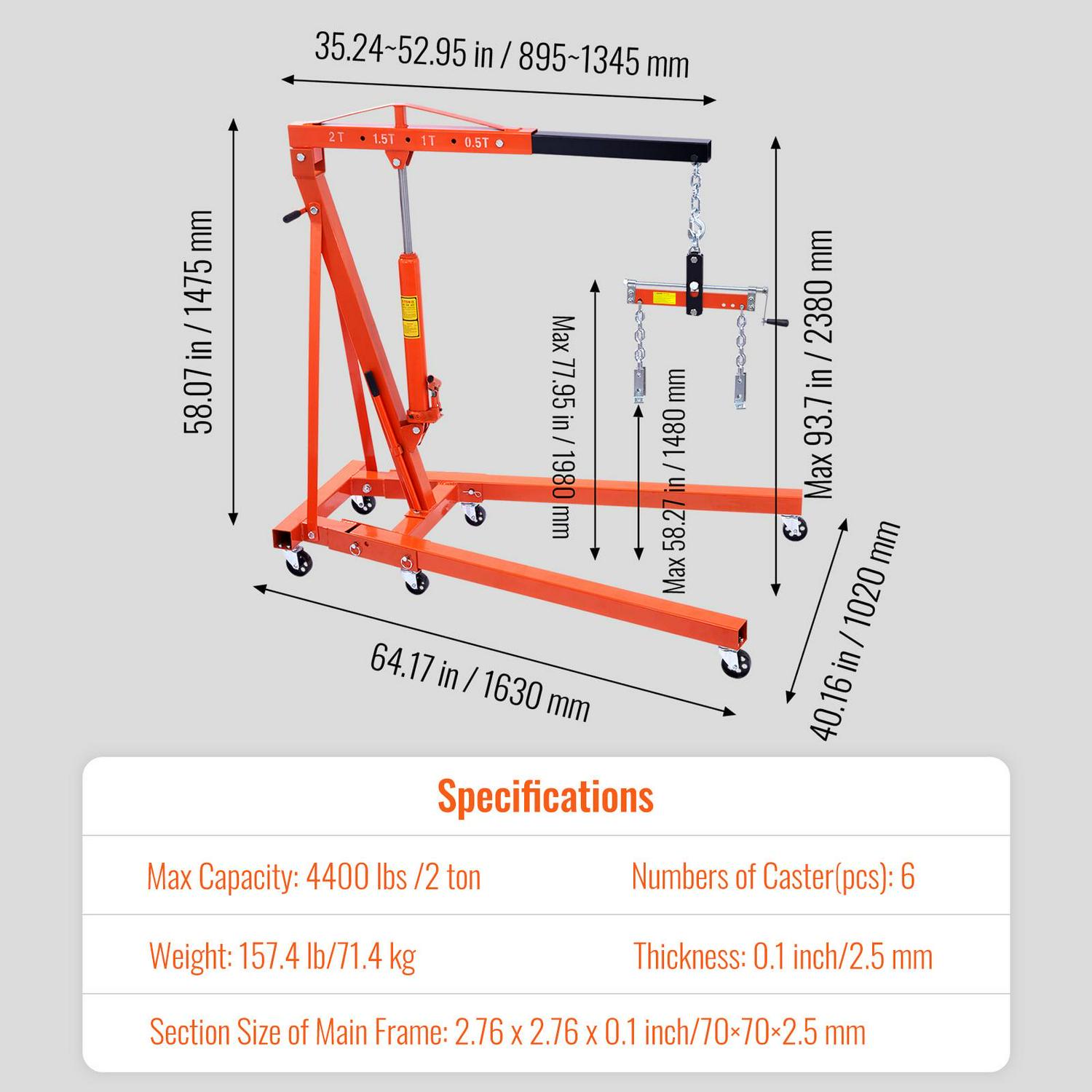 VEVOR 2T Folding Engine Crane Engine Hoist with Level 4400 lbs/2 ton Heavy-Duty Cherry Picker Shop Crane Oldable Engine Crane - Image 7