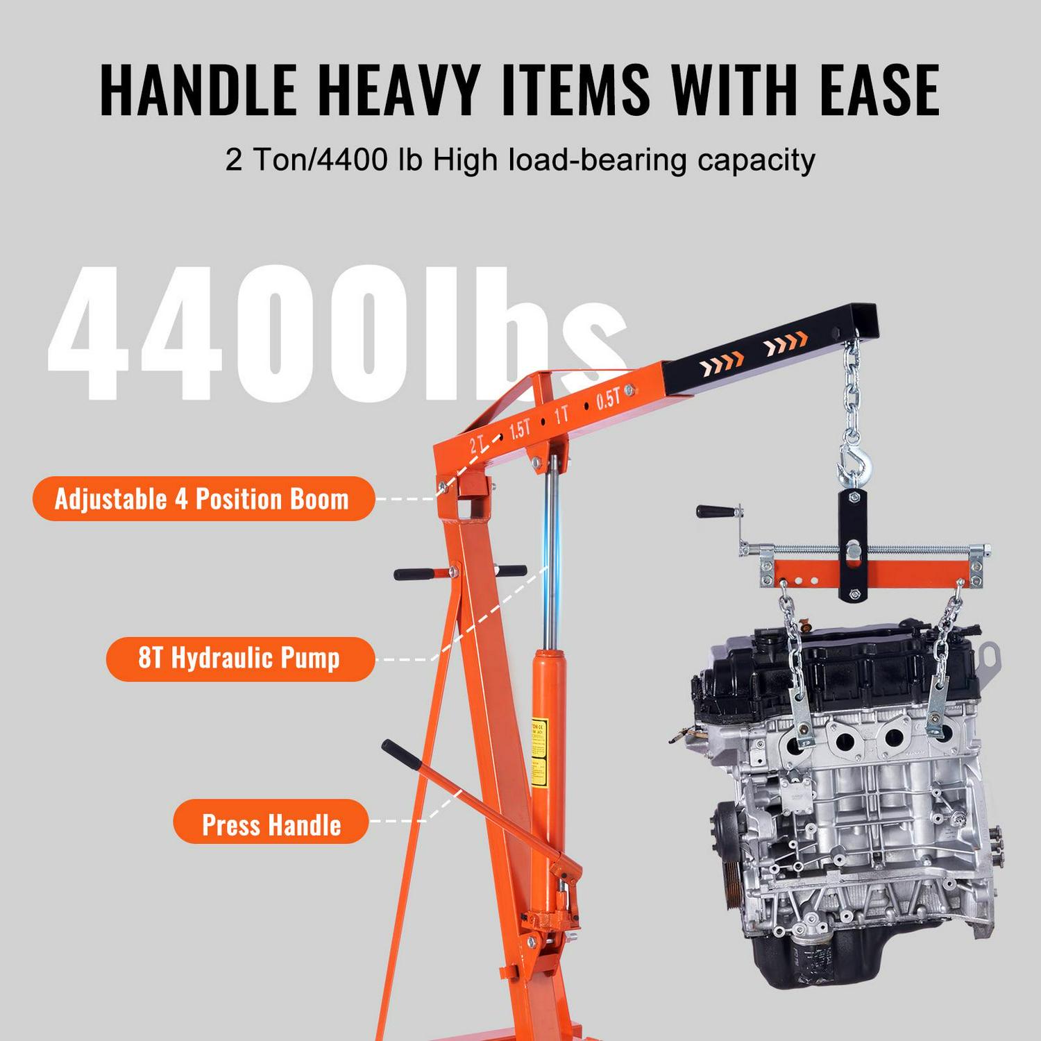 BENTISM 2T Folding Engine Crane Movable Engine Hoist with Load Leveler 4400 lbs/2 ton Heavy-Duty Cherry Picker Shop Crane Adjustable Boom Engine Crane - Image 3