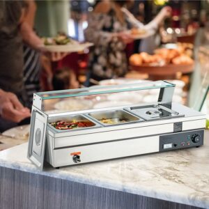 BENTISM 3*8Qt Commercial Food Warmer,Bain Marie Food Warmer with Glass Shield,Electric Countertop Food Warmer