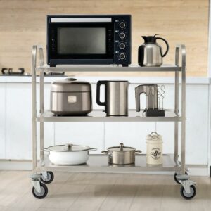 BENTISM 3 Tier Stainless Steel Utility Cart with Wheels 450 lbs Capacity Rolling Service Cart 37.5"x20"x37.7" Kitchen Trolley Cart Catering Storage Shelf with Locking Wheels for Home, Hotel, 6 Hooks