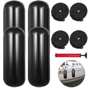 BENTISM 4 New Ribbed Boat Fenders 10" X 28" Black Center Hole Bumpers Mooring Protection