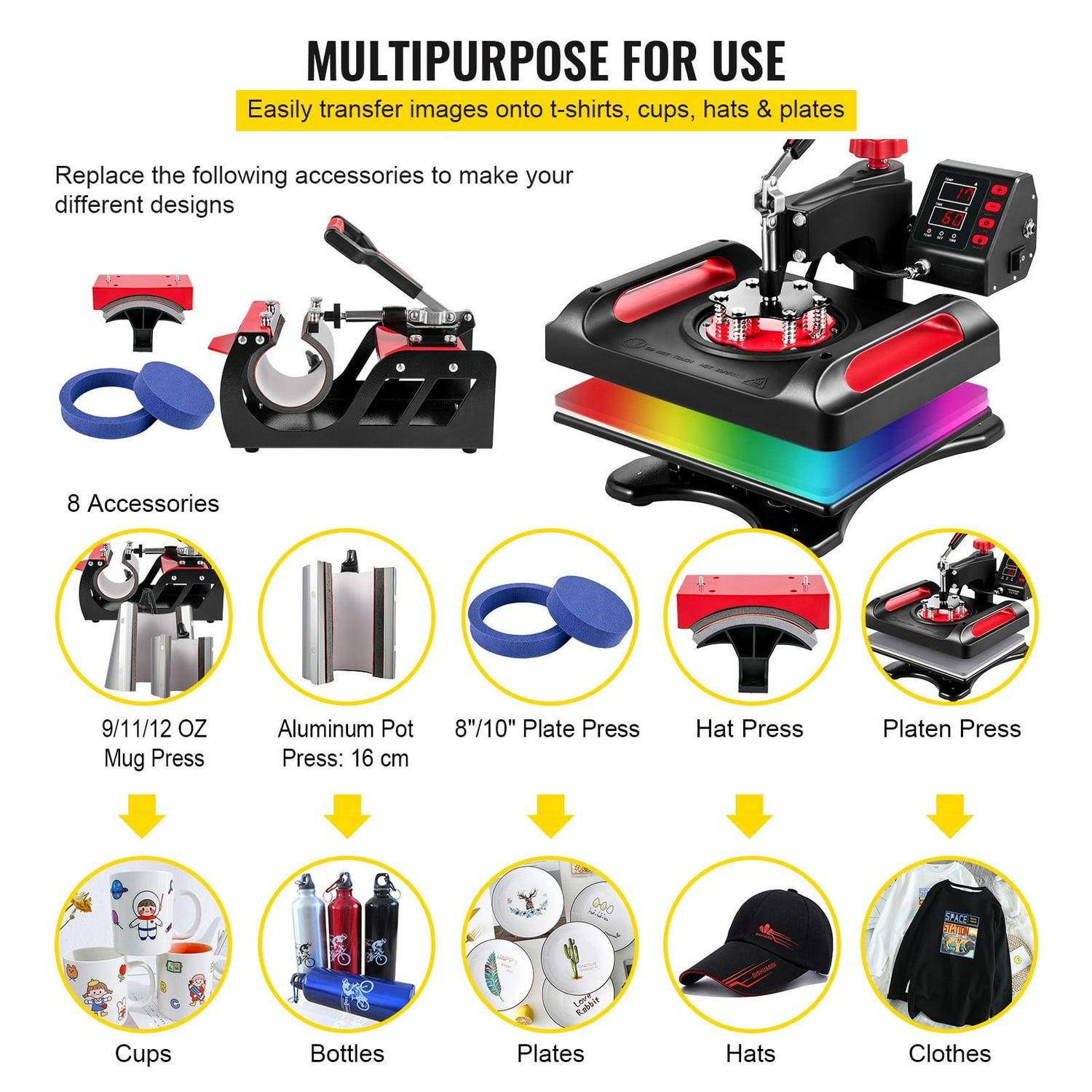 BENTISM 8 in 1 Heat Press Machine 12" x 15" upgraded Sublimation Machine 800W Rotation Swing Away Heat Press Dual-Tube Heating for DIY T-Shirts Cap And Mugs - Image 6