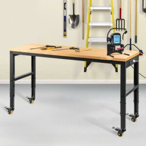 BENTISM Adjustable Height Workbench 61"L x 20"W Work Bench w/ Power Outlet Casters