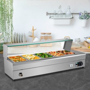 VEVOR Bain Marie Food Warmer, Commercial Food Steam Table, 5 Pans, with Glass Shield