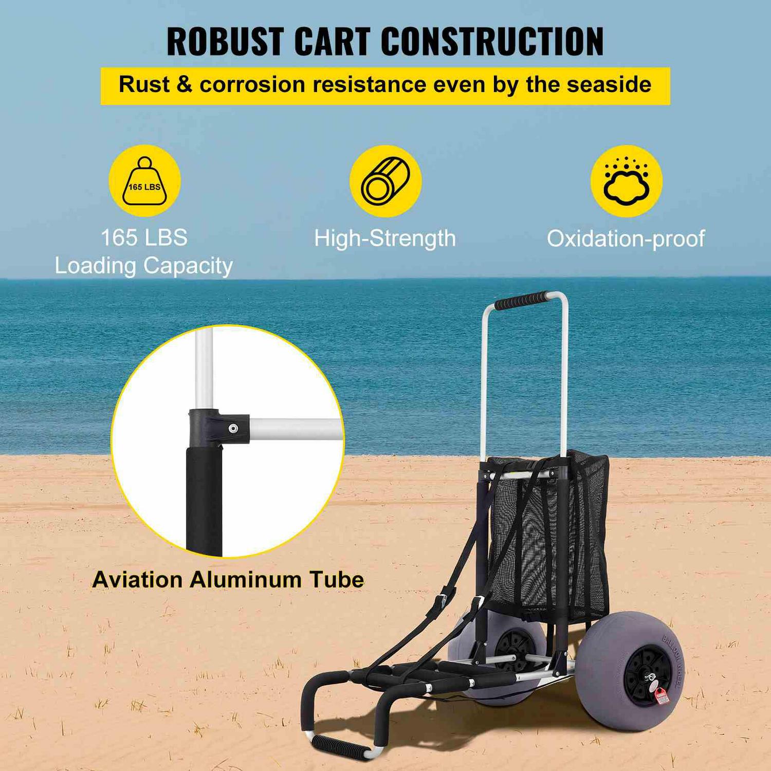 VEVOR Beach Carts for The Sand 165LBS Capacity Adjustable Handle Beach Wagon TPU 23" x 15" Deck with 13" Balloon Wheels for Beach Trips Camping Fishing - Image 5