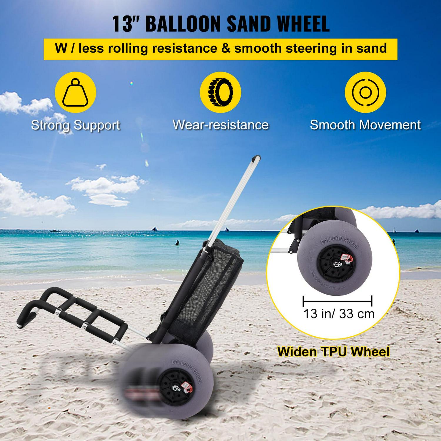 VEVOR Beach Carts for The Sand 165LBS Capacity Adjustable Handle Beach Wagon TPU 23" x 15" Deck with 13" Balloon Wheels for Beach Trips Camping Fishing - Image 4