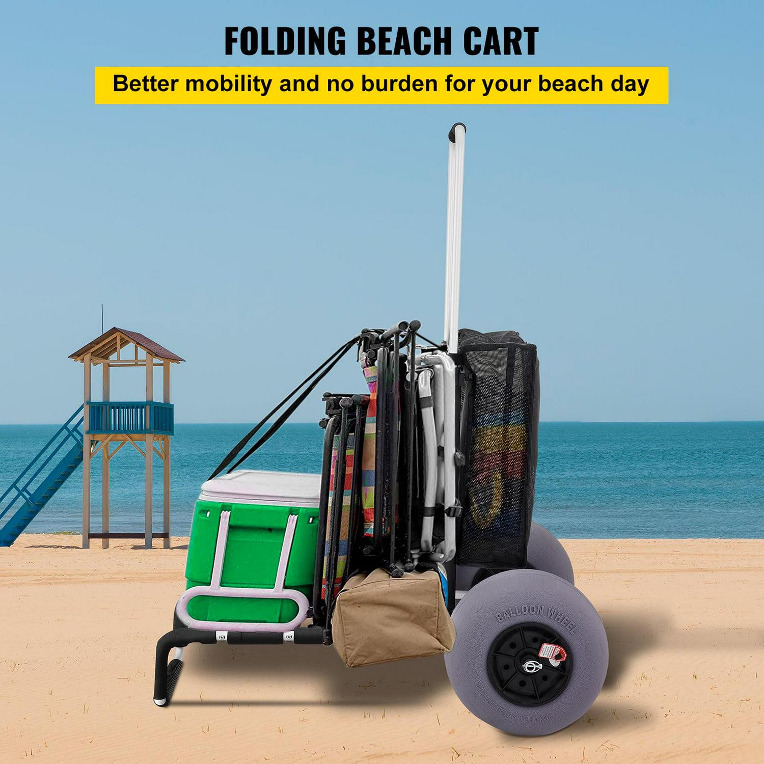 VEVOR Beach Carts for The Sand 165LBS Capacity Adjustable Handle Beach Wagon TPU 23" x 15" Deck with 13" Balloon Wheels for Beach Trips Camping Fishing - Image 2