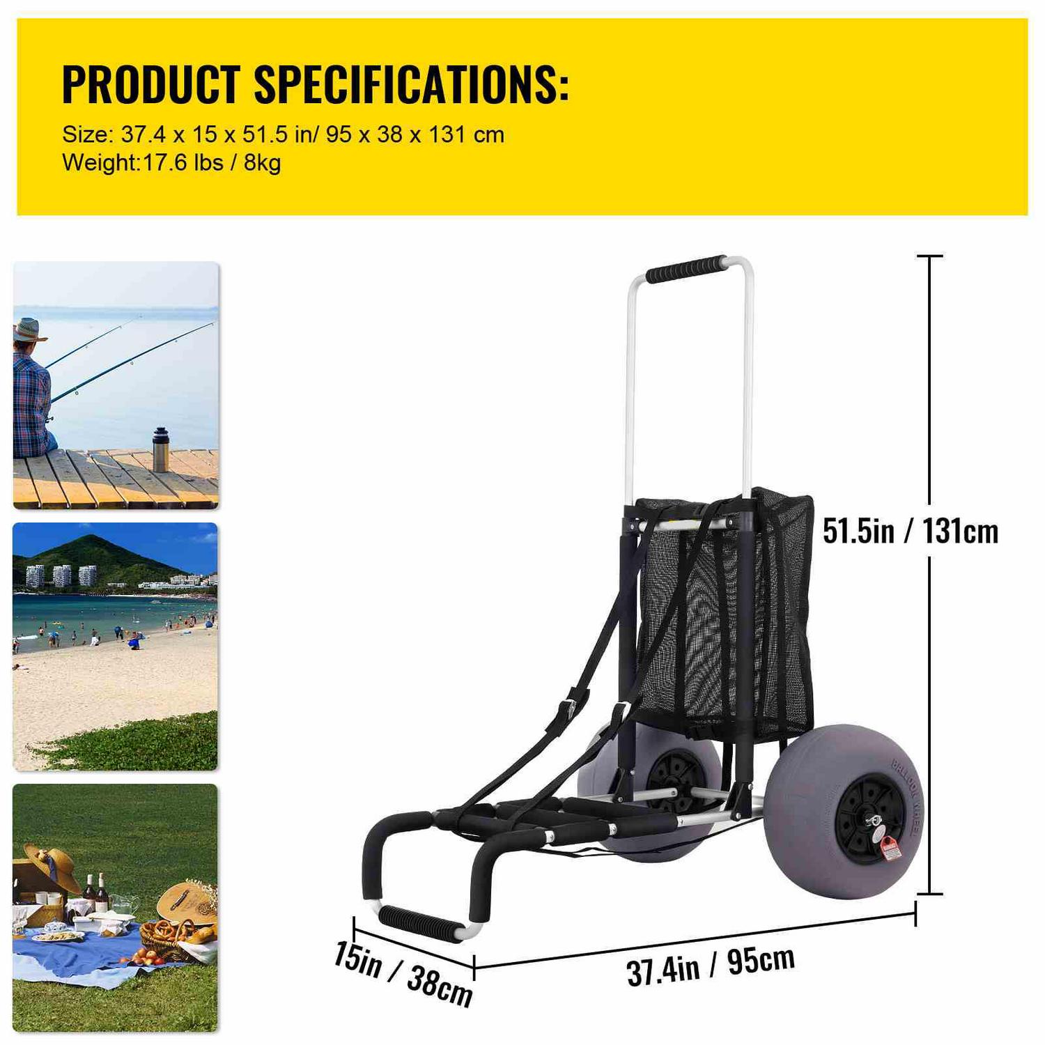 VEVOR Beach Carts for The Sand 165LBS Capacity Adjustable Handle Beach Wagon TPU 23" x 15" Deck with 13" Balloon Wheels for Beach Trips Camping Fishing - Image 7