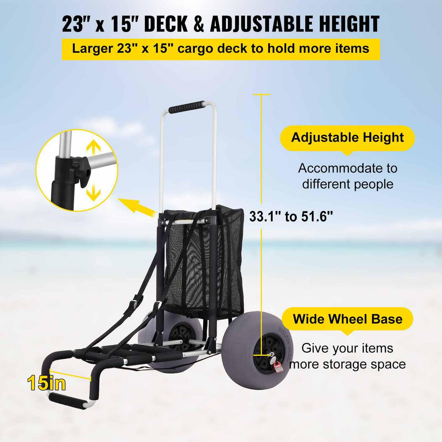 VEVOR Beach Carts for The Sand 165LBS Capacity Adjustable Handle Beach Wagon TPU 23" x 15" Deck with 13" Balloon Wheels for Beach Trips Camping Fishing - Image 3