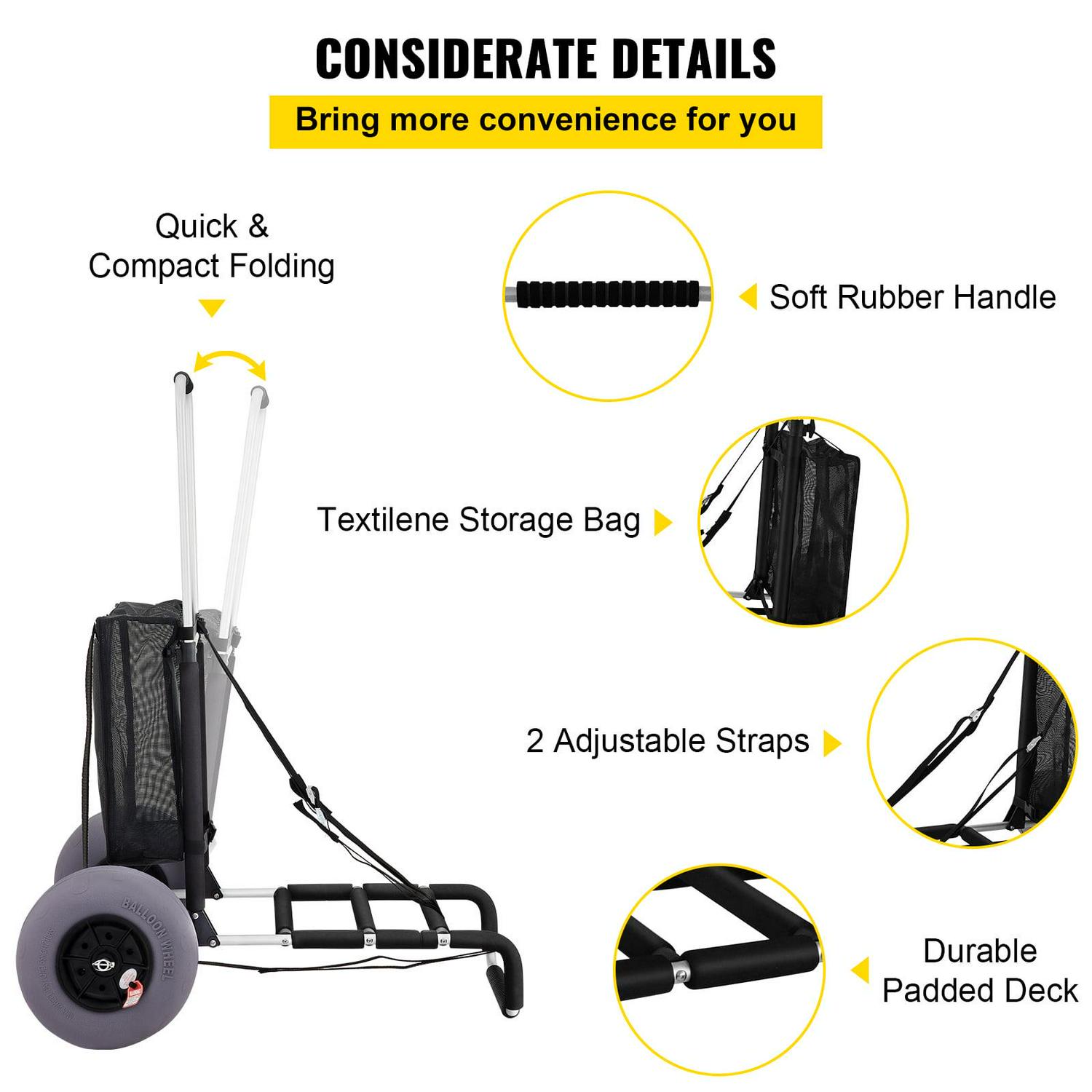 VEVOR Beach Carts for The Sand 165LBS Capacity Adjustable Handle Beach Wagon TPU 23" x 15" Deck with 13" Balloon Wheels for Beach Trips Camping Fishing - Image 6