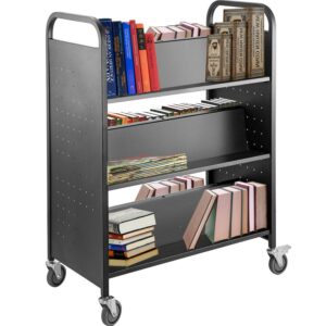 VEVOR Book Cart, 330 lbs Library Cart, 39.4" x 20.1" x 49.2" Rolling Book Cart, Double Sided W-Shaped Sloped Shelves with 4-Inch Lockable Wheels for Home Shelves Office School,Black