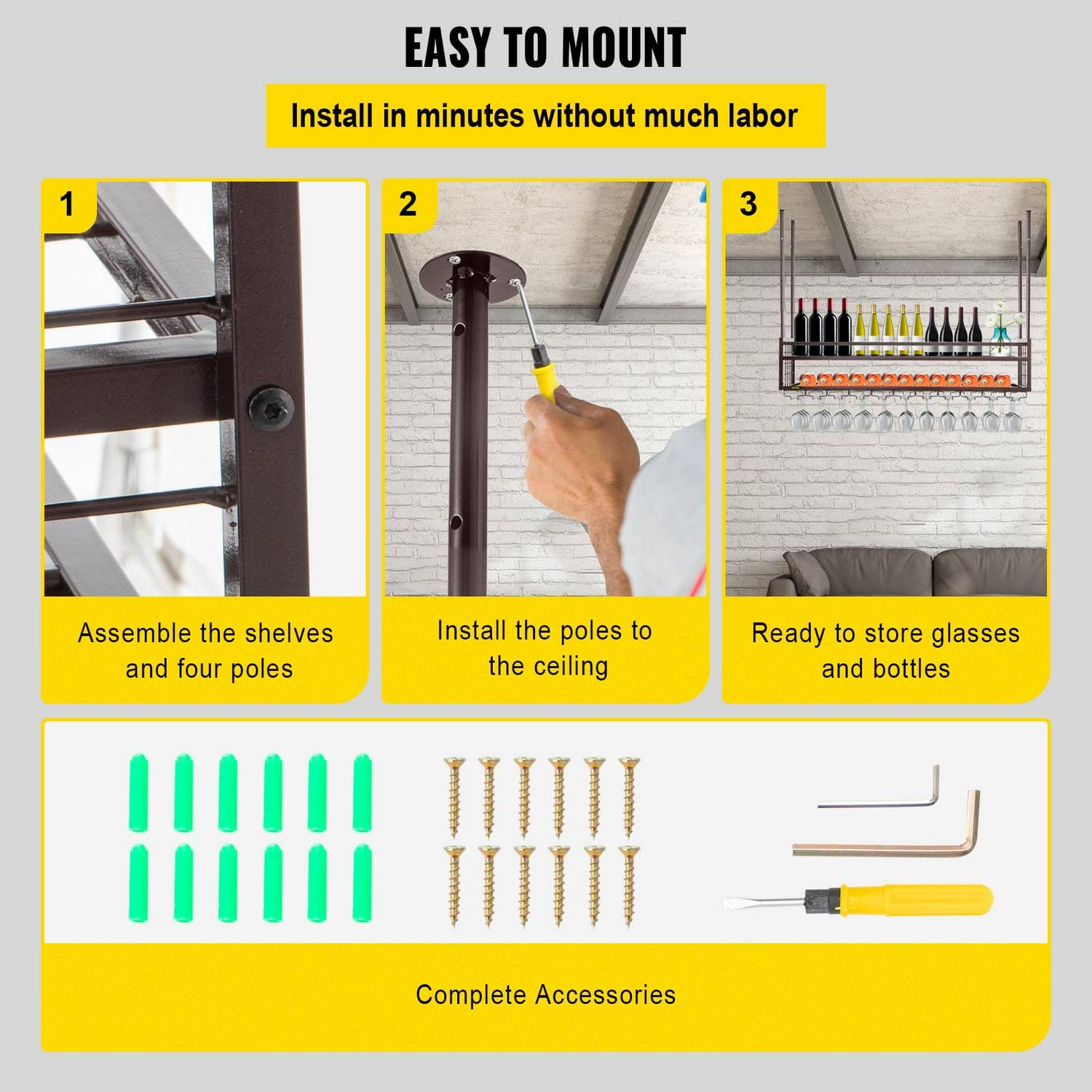 BENTISM Ceiling Wine Glass Rack, 46.9 x 11.8 inch Hanging Wine Glass Rack, 18.9-35.8 inch Height Adjustable Hanging Wine Rack Cabinet, Coppery Wall-Mounted Wine Glass Rack Perfect for Bar Cafe Kitchen - Image 6