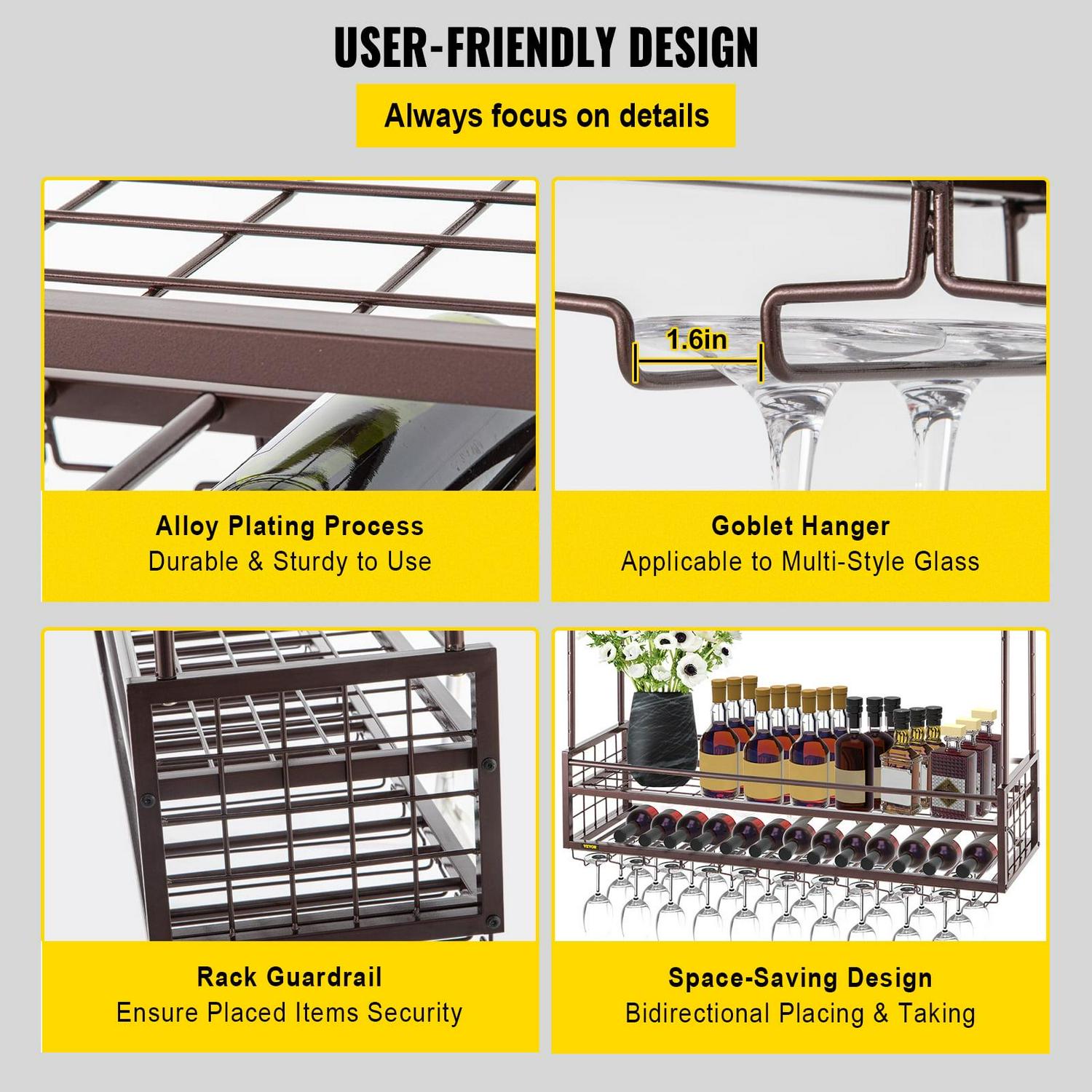 BENTISM Ceiling Wine Glass Rack, 46.9 x 11.8 inch Hanging Wine Glass Rack, 18.9-35.8 inch Height Adjustable Hanging Wine Rack Cabinet, Coppery Wall-Mounted Wine Glass Rack Perfect for Bar Cafe Kitchen - Image 5