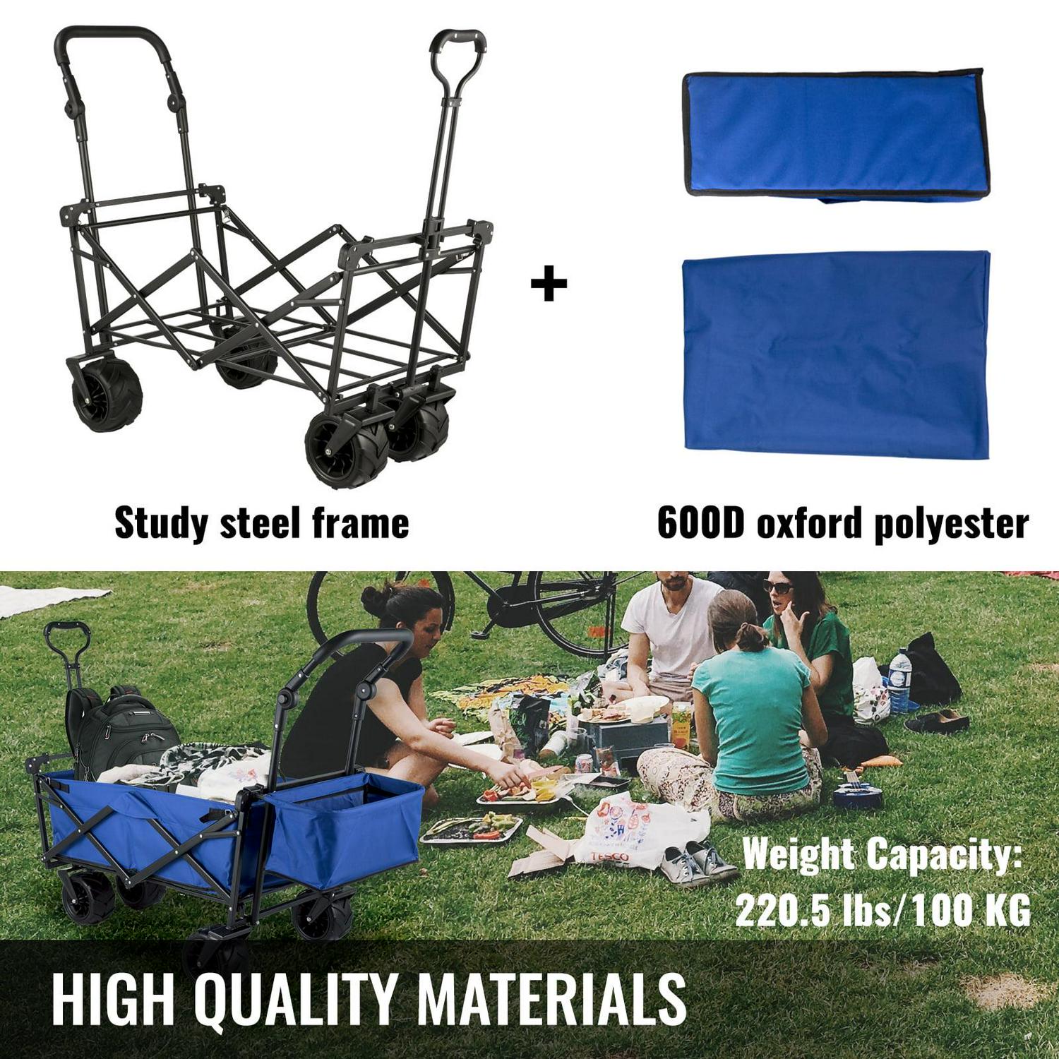 BENTISM Collapsible Wagon Cart 220lbs, Foldable Wagon Cart Removable Canopy 601D Oxford Cloth, Blue Portable Folding Wagon Adjustable Handles for Beach, Garden, Sports - Image 2