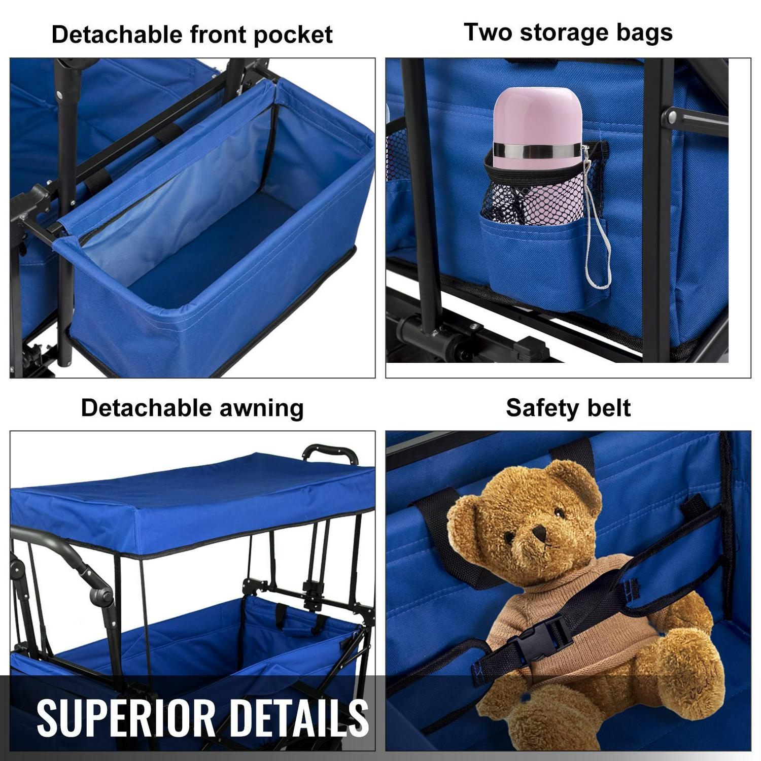 BENTISM Collapsible Wagon Cart 220lbs, Foldable Wagon Cart Removable Canopy 601D Oxford Cloth, Blue Portable Folding Wagon Adjustable Handles for Beach, Garden, Sports - Image 3