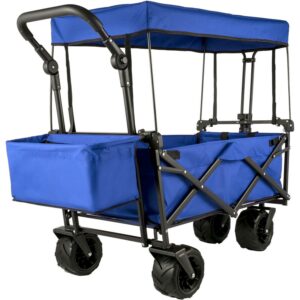 BENTISM Collapsible Wagon Cart 220lbs, Foldable Wagon Cart Removable Canopy 601D Oxford Cloth, Blue Portable Folding Wagon Adjustable Handles for Beach, Garden, Sports