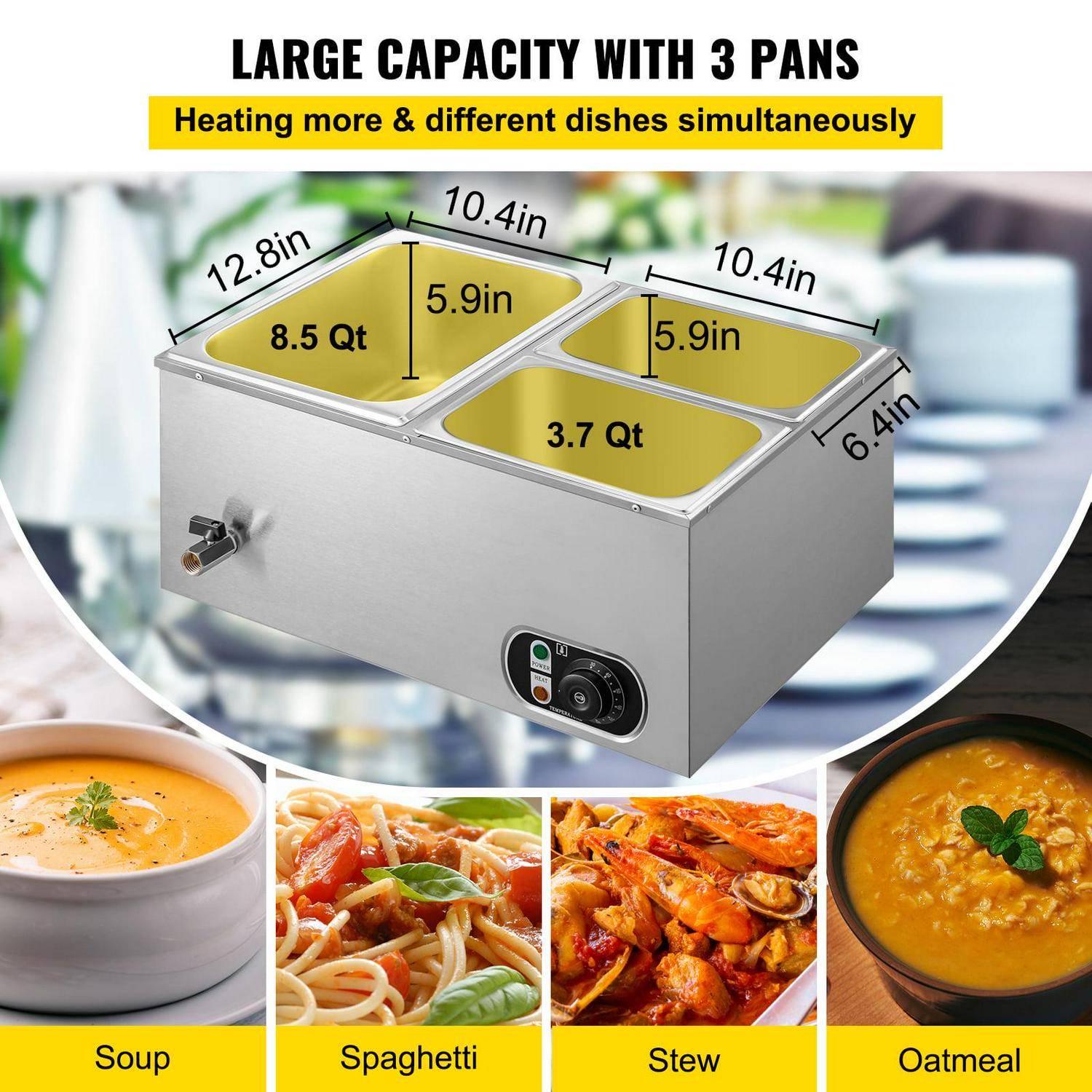 BENTISM Commercial Food Warmer Bain Marie 3-Pan 24Qt Buffet Food Warmer Stainless Steel - Image 6