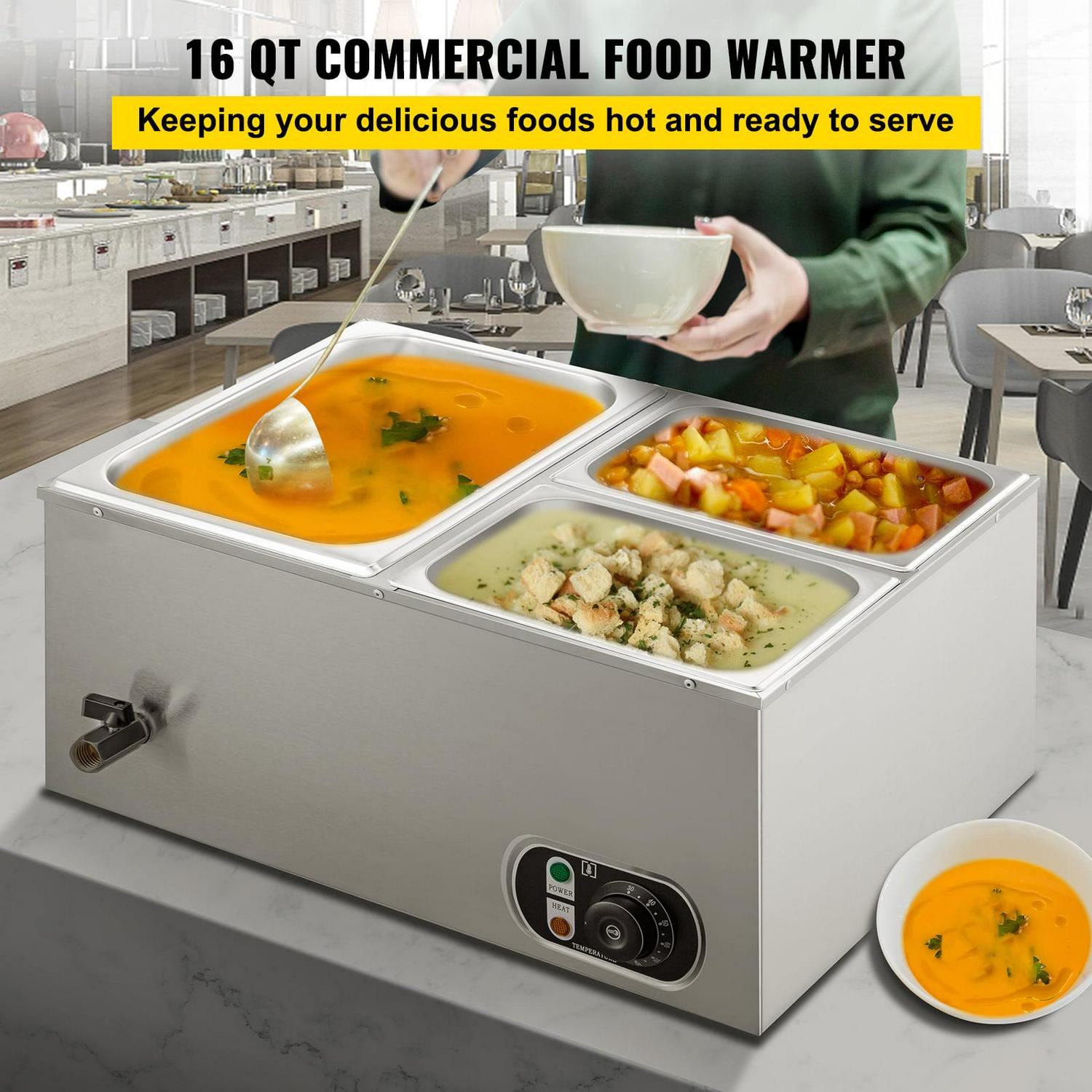 BENTISM Commercial Food Warmer Bain Marie 3-Pan 24Qt Buffet Food Warmer Stainless Steel - Image 5