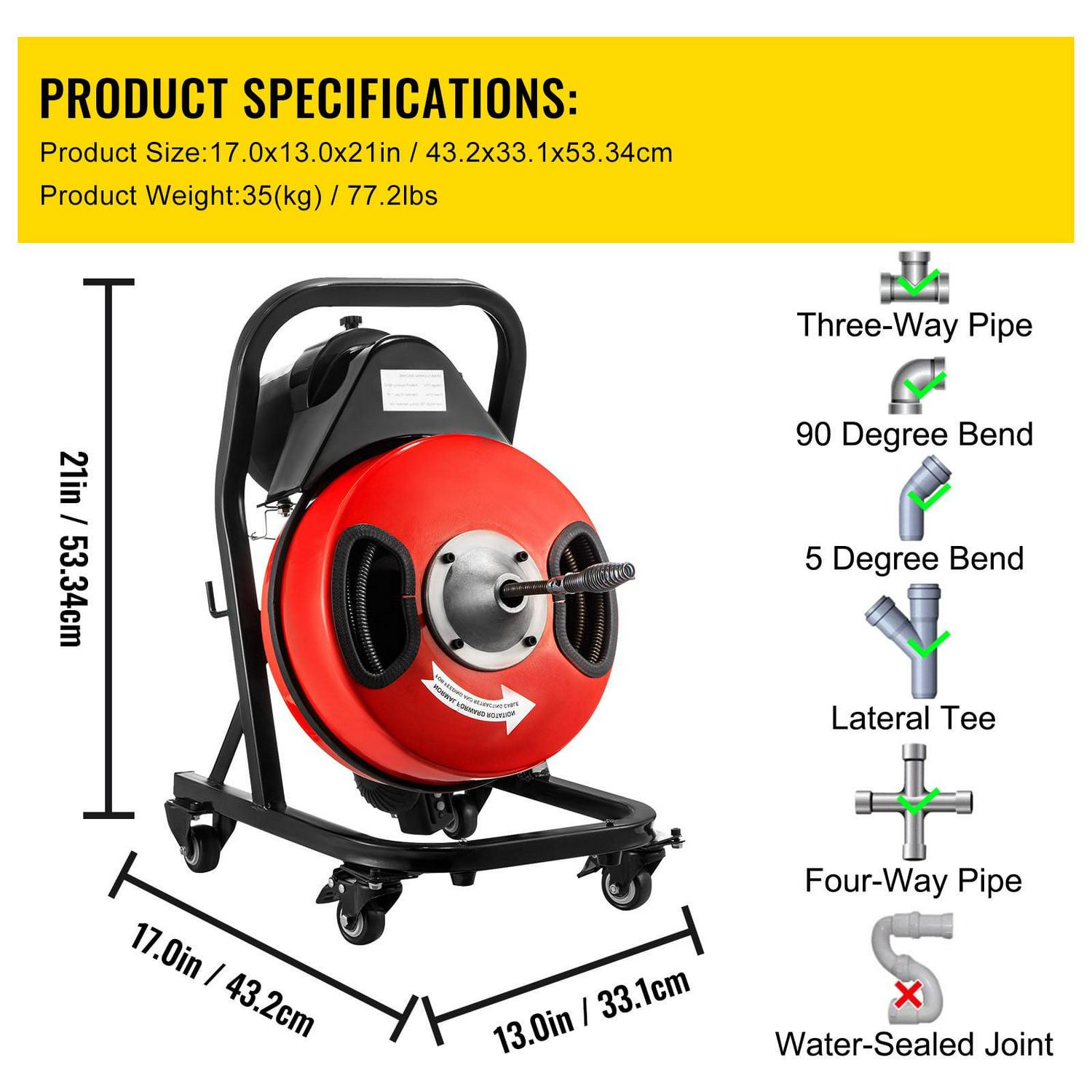 VEVOR Drain Cleaner Machine 50ft x1/2 in, 250W Electric Drain Cleaning Machine ,Drain Auger Cable w/Wheels - Image 7