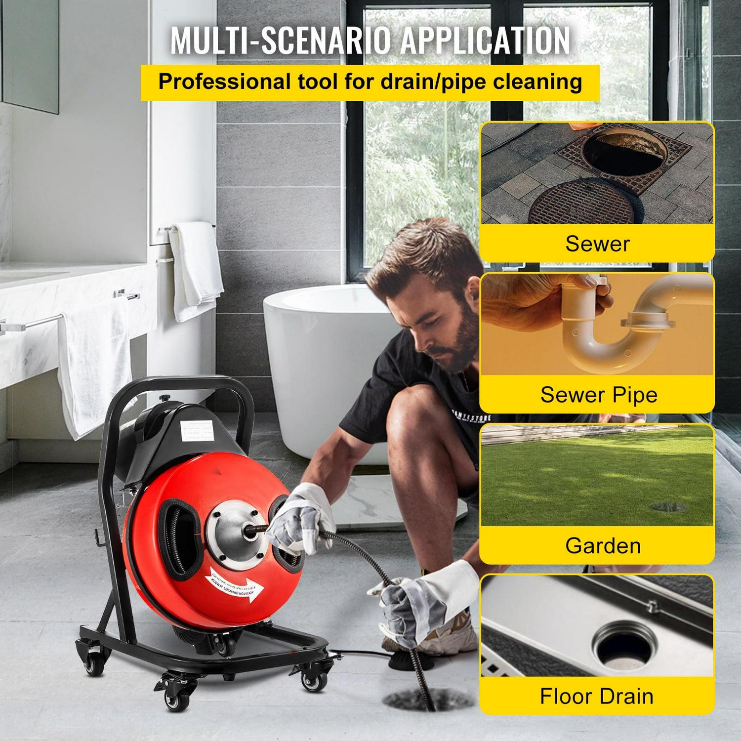 VEVOR Drain Cleaner Machine 50ft x1/2 in, 250W Electric Drain Cleaning Machine ,Drain Auger Cable w/Wheels - Image 2