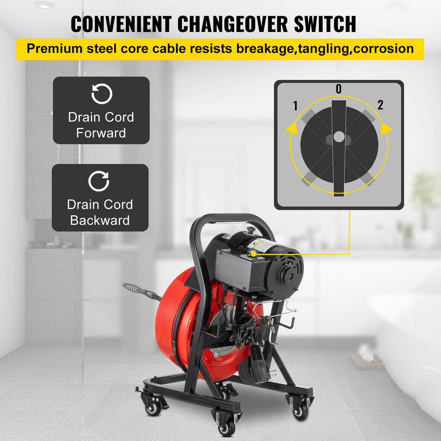 VEVOR Drain Cleaner Machine 50ft x1/2 in, 250W Electric Drain Cleaning Machine ,Drain Auger Cable w/Wheels - Image 3