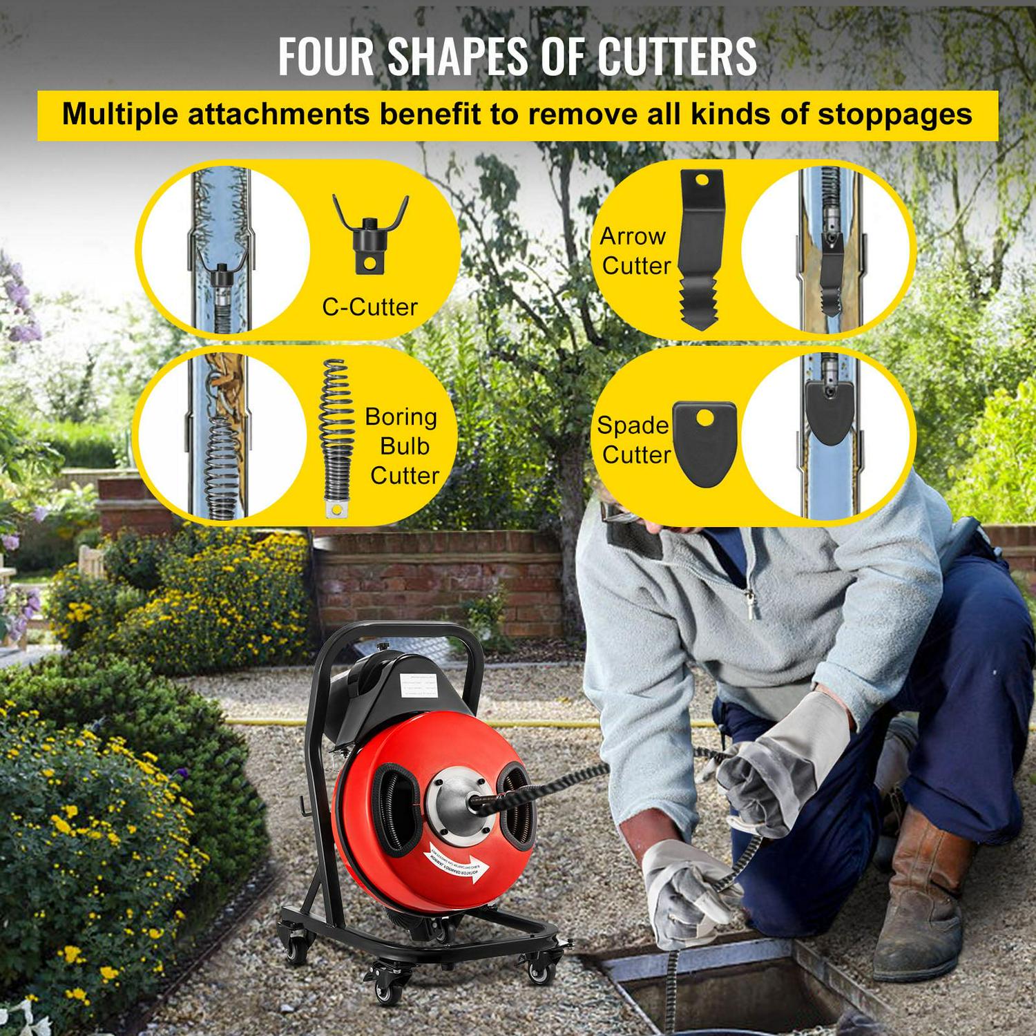 VEVOR Drain Cleaner Machine 50ft x1/2 in, 250W Electric Drain Cleaning Machine ,Drain Auger Cable w/Wheels - Image 5