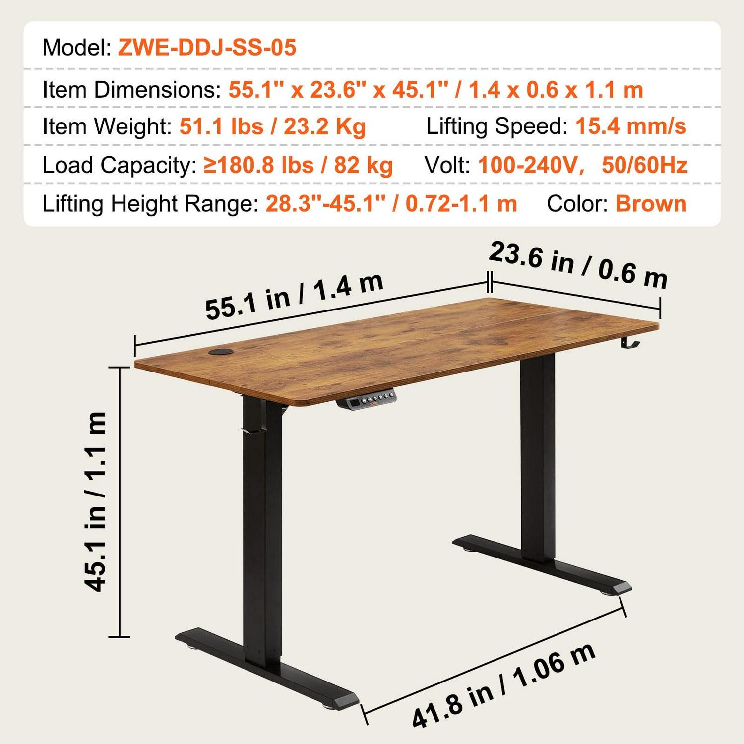 BENTISM Electric Adjustable Height Standing Desk 55.1" x 23.6" Large Sit Stand up Desk Computer Desk Memory Preset with T-Shaped Metal Bracket for Home & Office Brown - Image 7