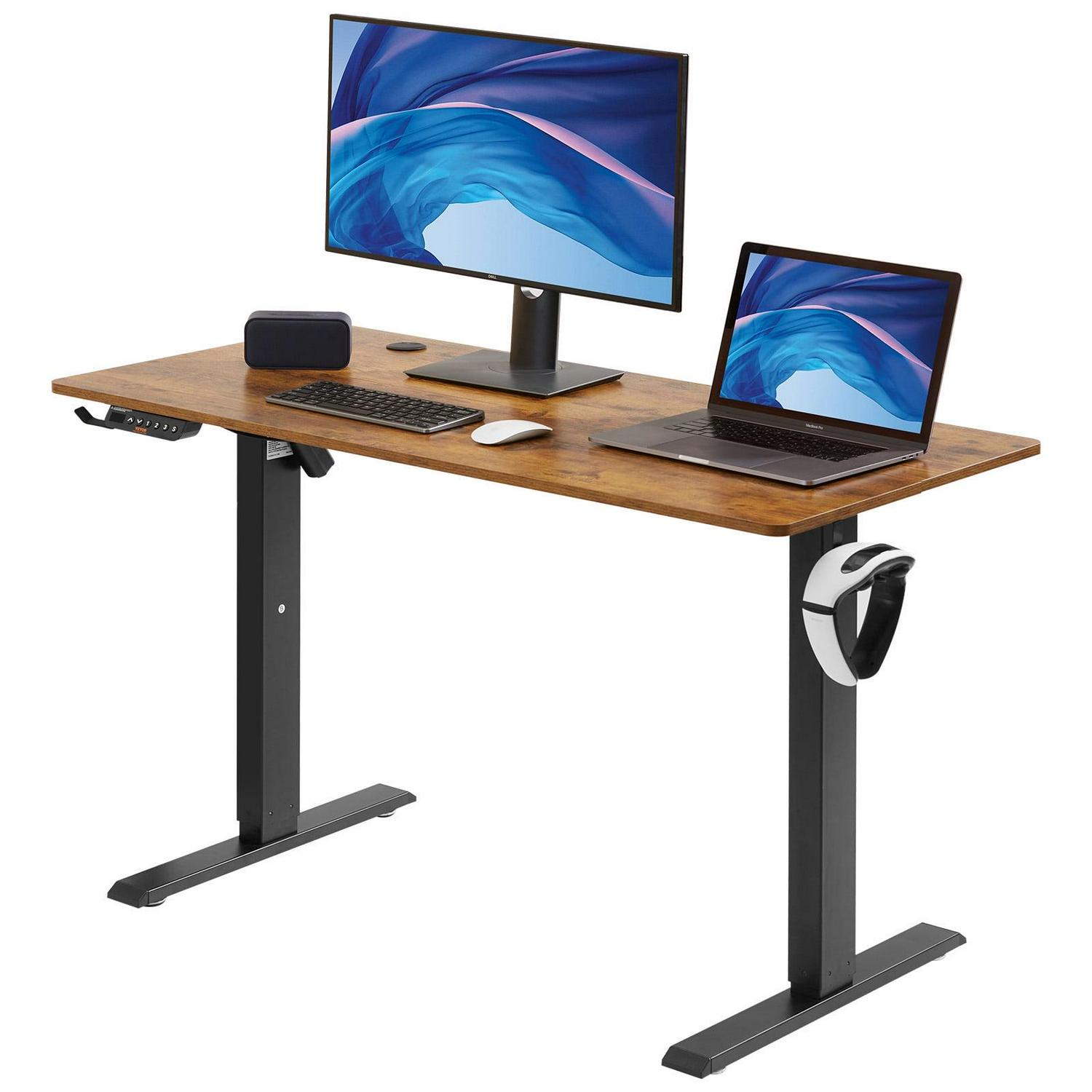 BENTISM Electric Adjustable Height Standing Desk 55.1" x 23.6" Large Sit Stand up Desk Computer Desk Memory Preset with T-Shaped Metal Bracket for Home & Office Brown